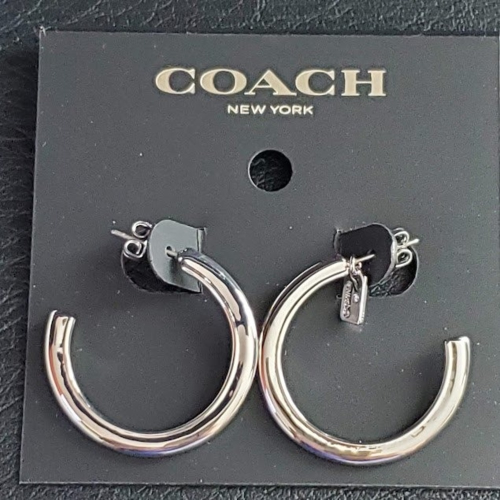 Coach Silver Tone Signature Charm 3/4 Hoop Earrings New with Tags C9478 - Picture 1 of 9